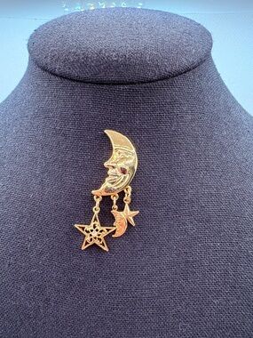 1928 Gold Tone Crescent Moon and Dangling Stars Brooch